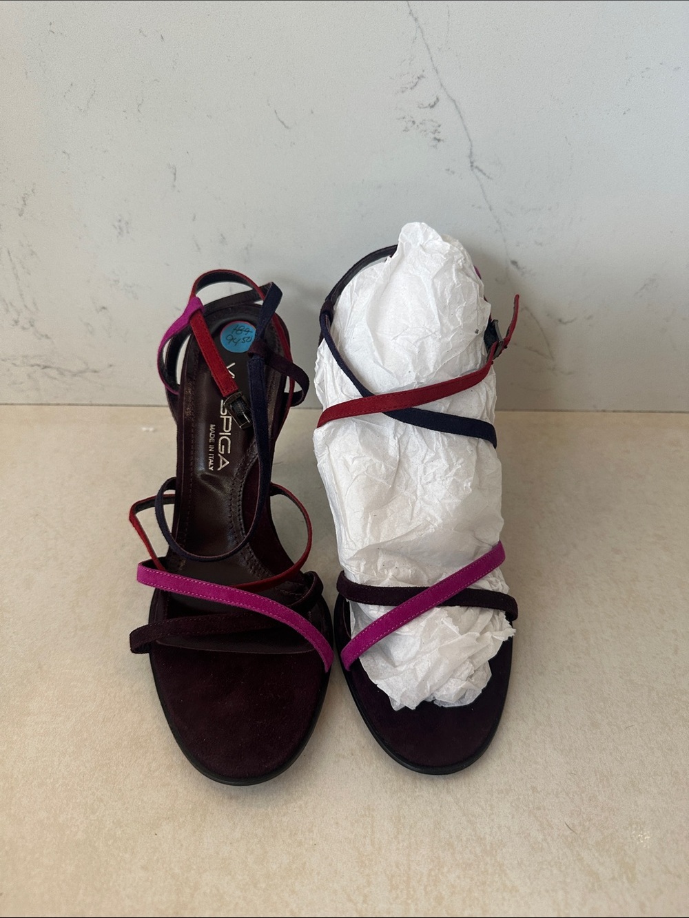 Via Spiga Multicolor Strappy Suede Heels - Burgundy, Fuchsia & Navy